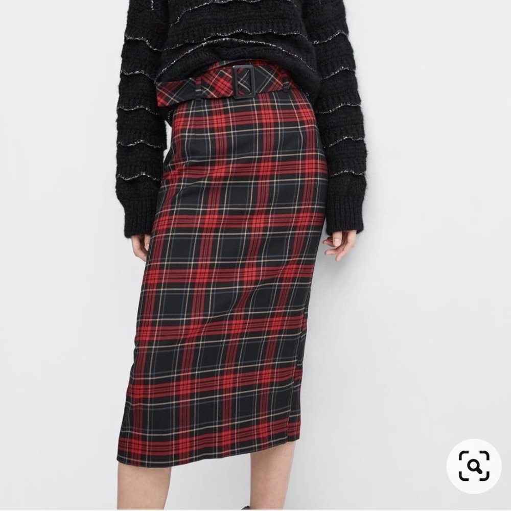 Plaid Midi Pencil skirt- Belt Included - Picture 1 of 6
